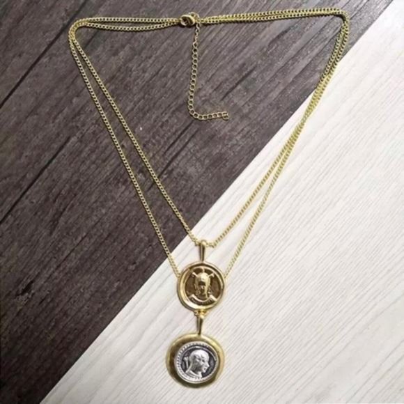 Coin Pendant Vintage Double Chain Layered Necklace, nice Necklace, cute Necklace - Picture 3 of 8